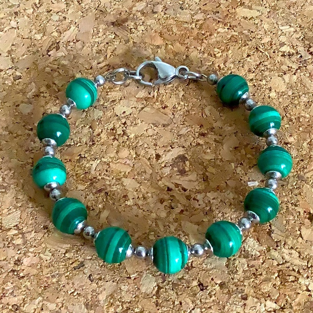 Genuine Malachite Bead Bangle Bracelet 6”-7” Wrist Stainless Steel